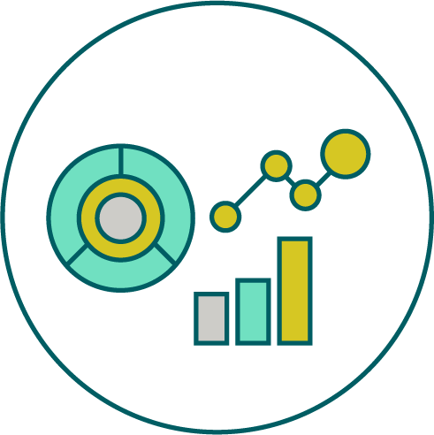 Illustration showing a pie chart, bar chart and histogram