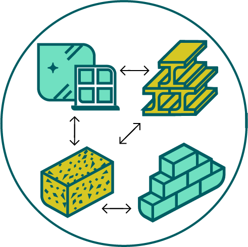 Illustration showing glass, steels, bricks and stone all in one place