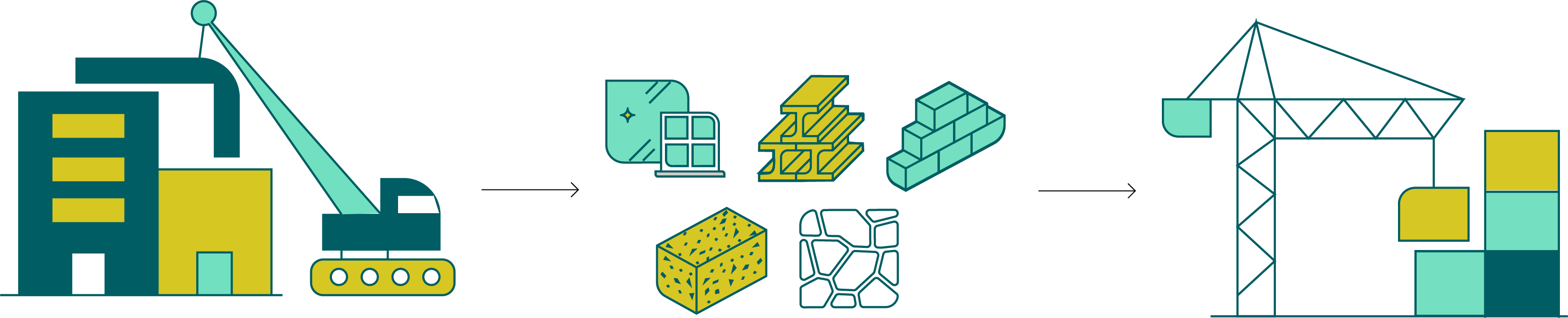 Illustration showing deconstruction of a building with a arrow to materials and then an arrow to a new building.
